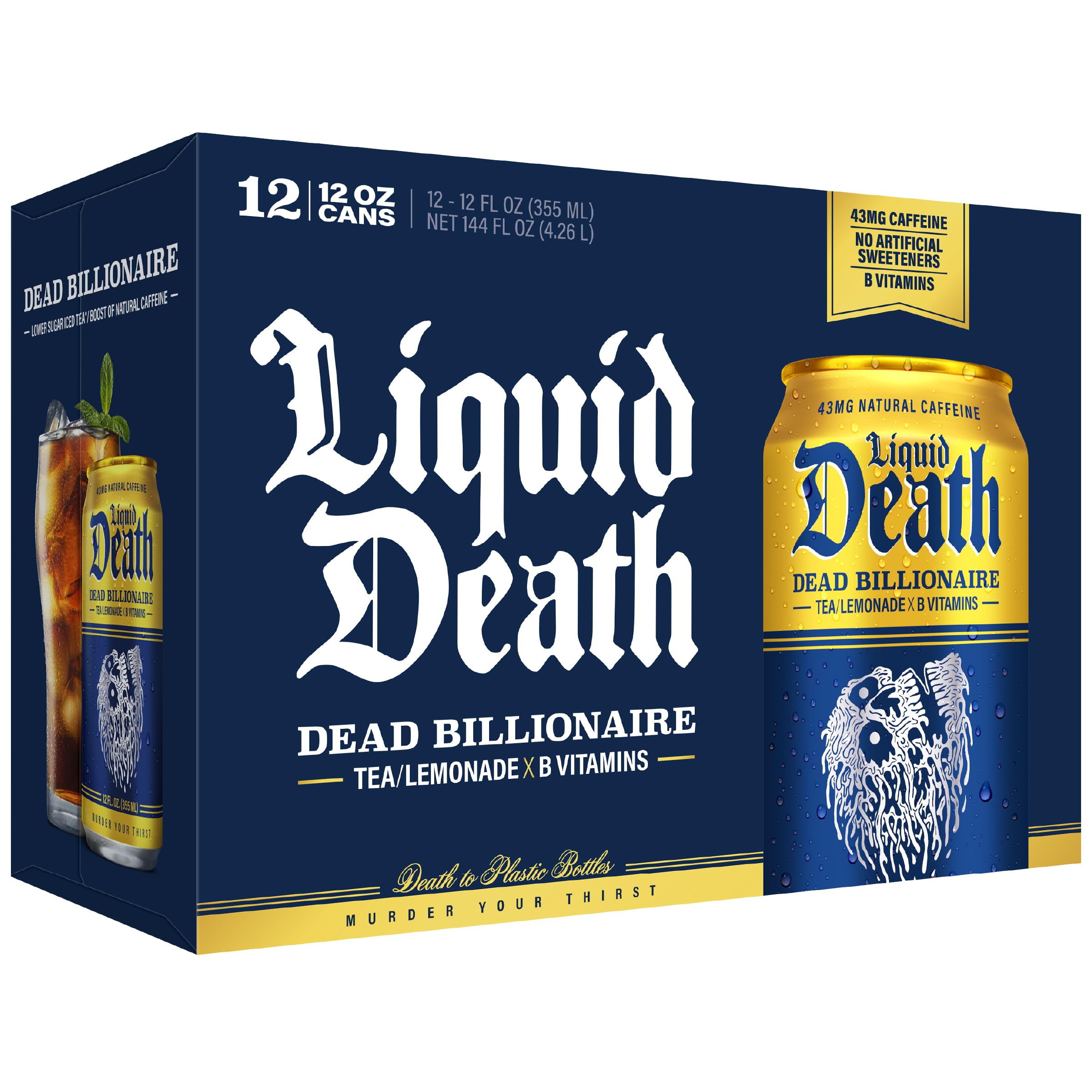 Liquid Death comparación de tamaño de la lata para referencia de porción