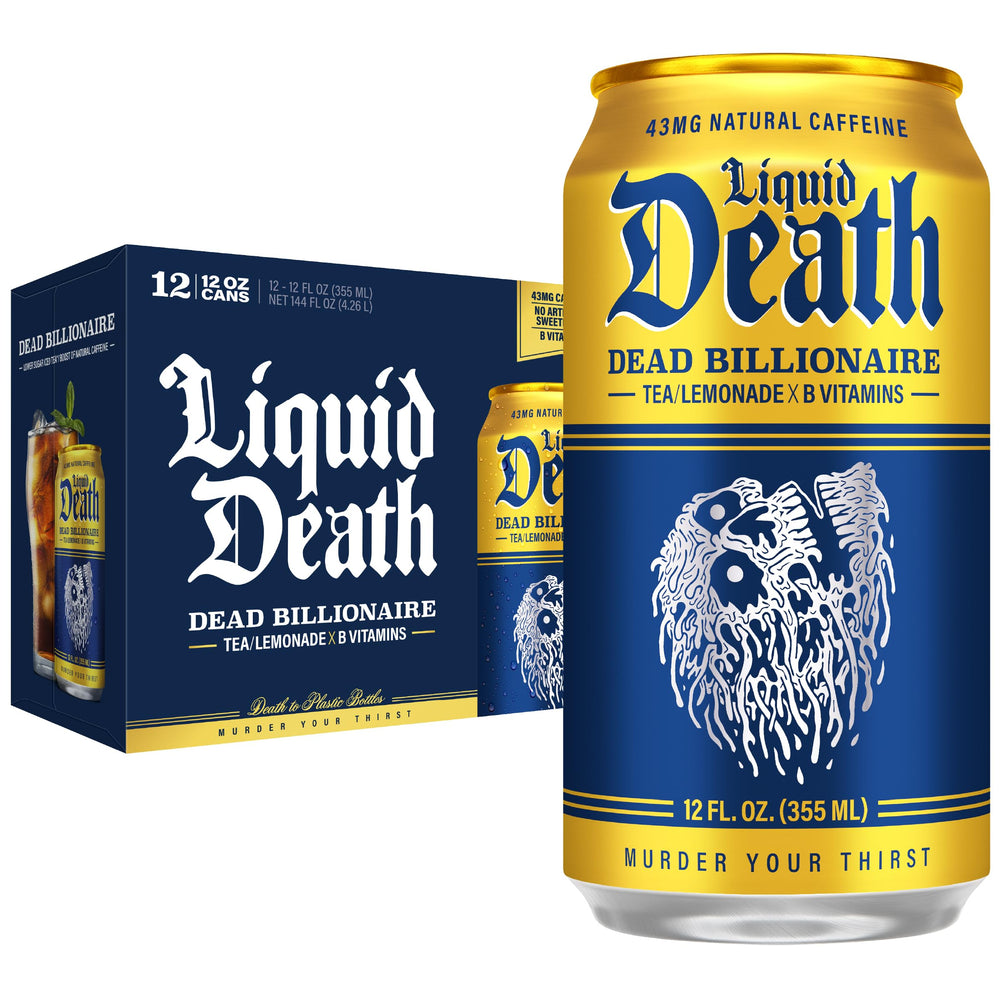 Liquid Death lata frontal mostrando diseño y beneficio de menos azúcar