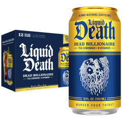 Liquid Death lata frontal mostrando diseño y beneficio de menos azúcar