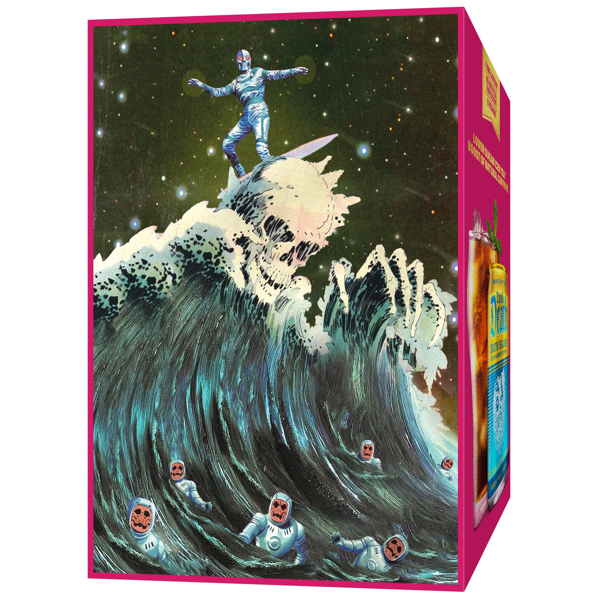 Liquid Death lata en ambiente de playa, ideal para actividades al aire libre