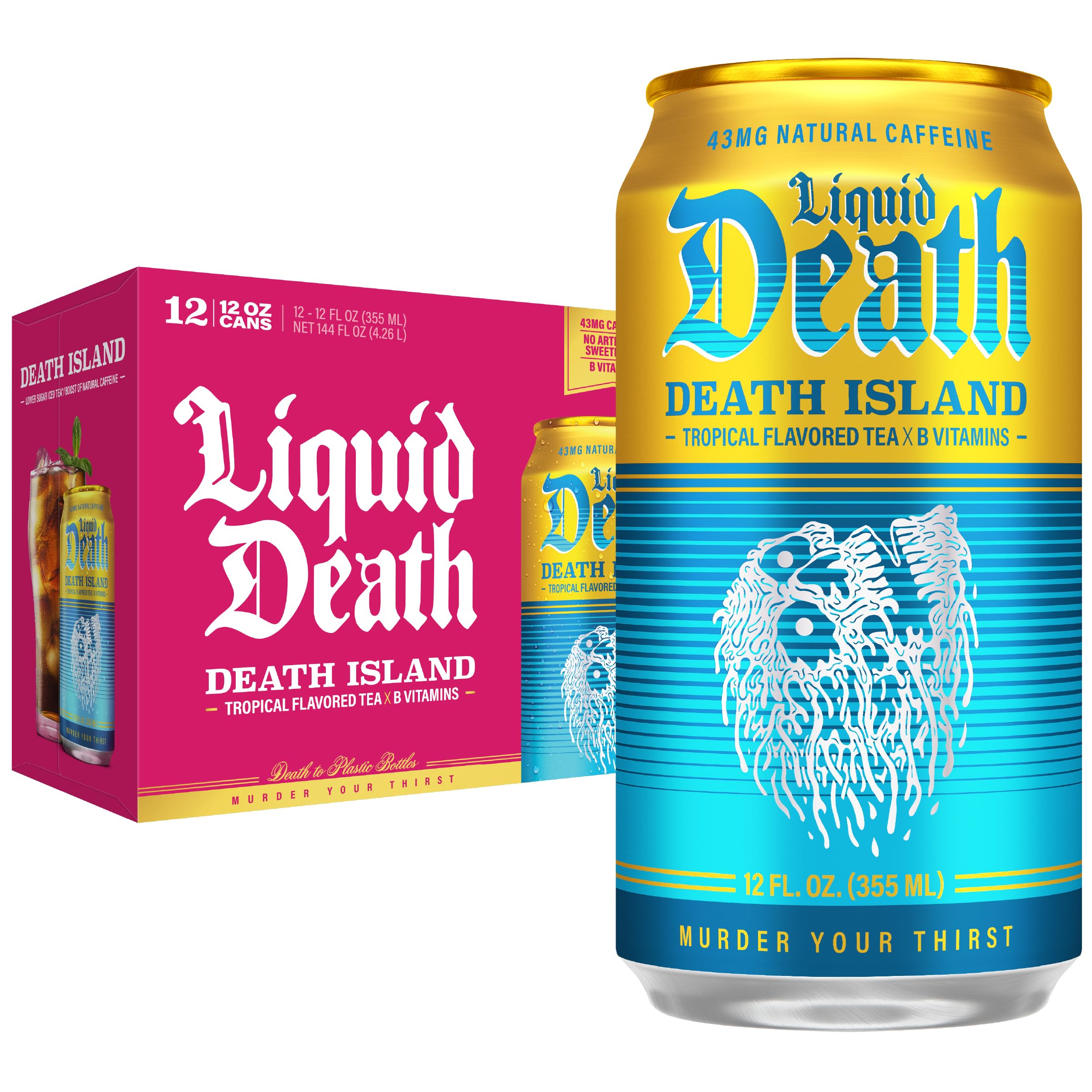 Liquid Death lata frontal con diseño tropical y beneficio sabor intenso