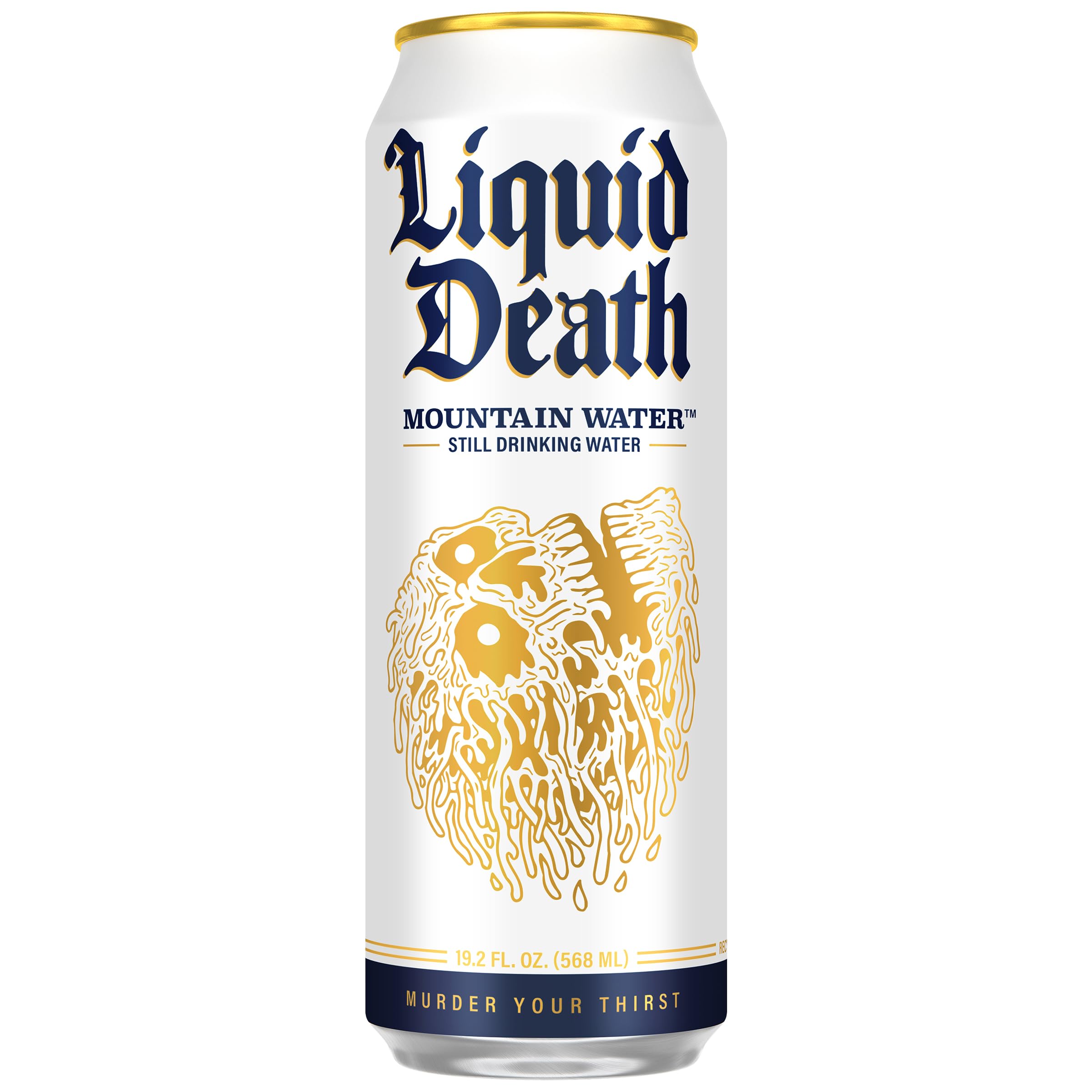 Liquid Death detalle de la textura de aluminio y sello de calidad