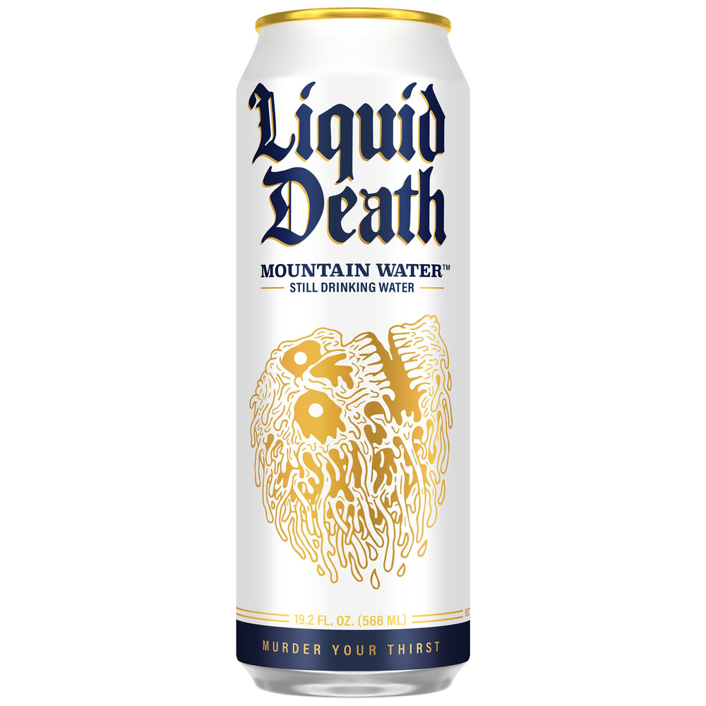 Liquid Death detalle de la textura de aluminio y sello de calidad