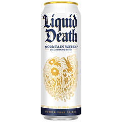 Liquid Death detalle de la textura de aluminio y sello de calidad