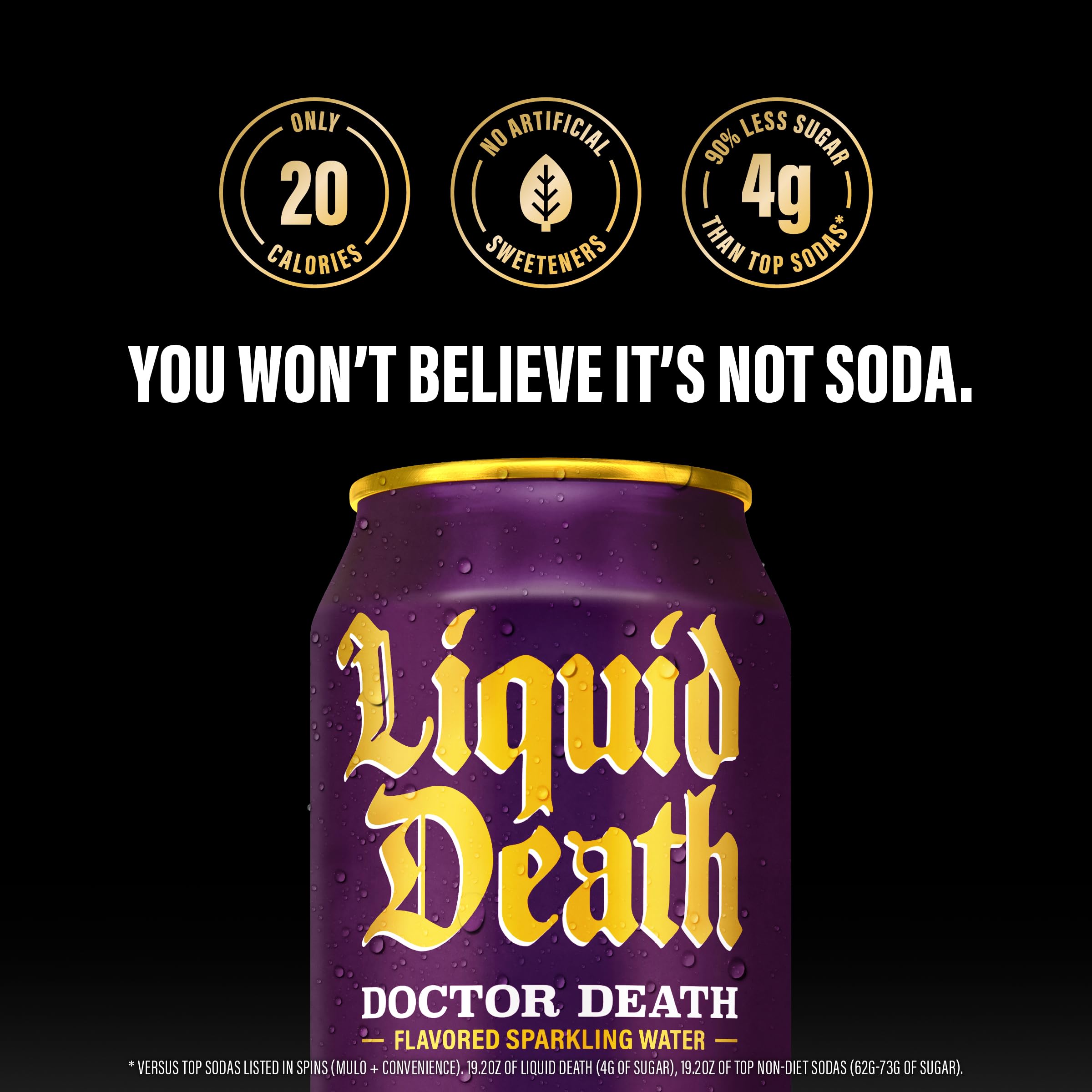 Liquid Death can beside a 12oz can for scale and serving value