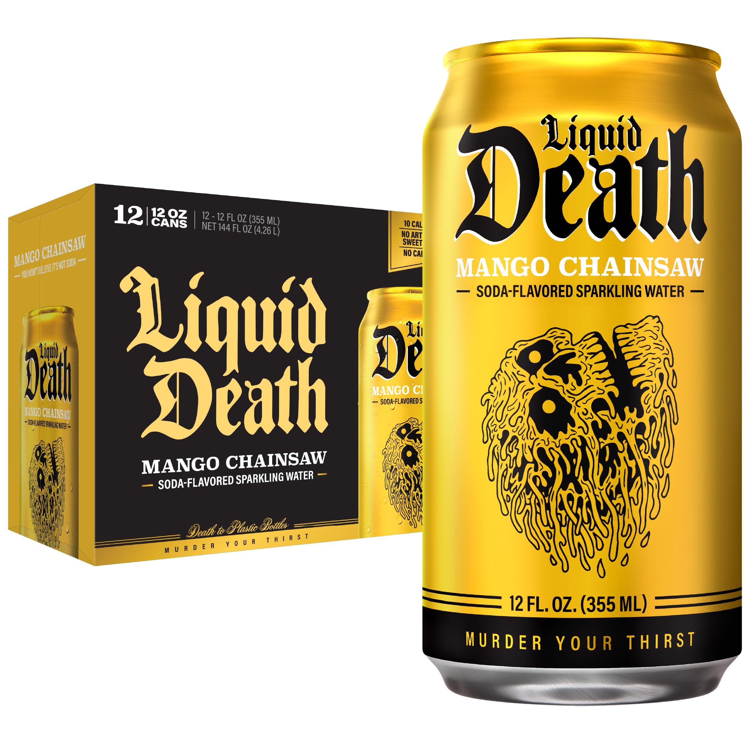 Liquid Death lata frontal Mango Chainsaw mostrando diseño y sabor intenso