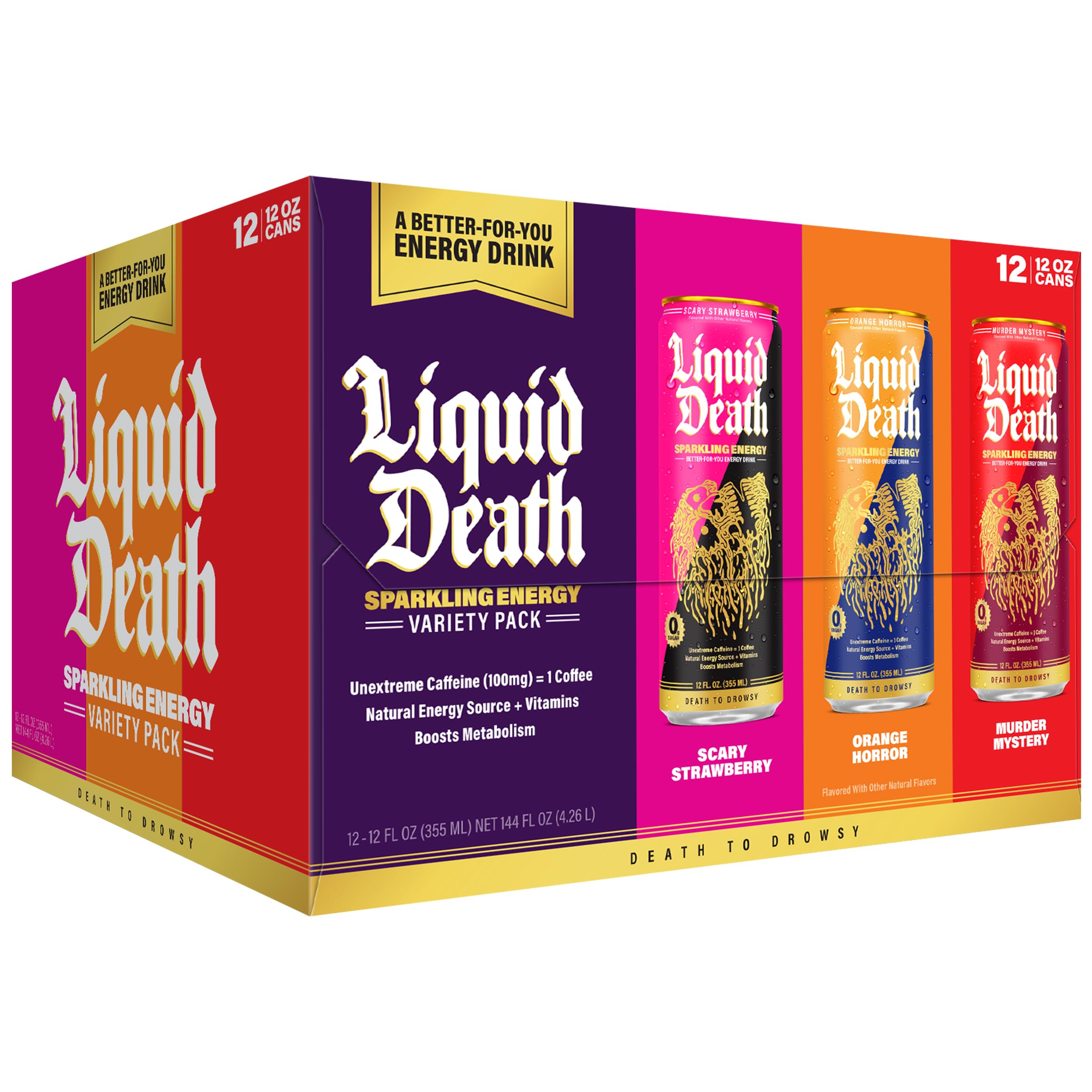 Liquid Death frontal del paquete mostrando variedad de sabores y diseño atractivo