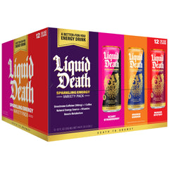 Liquid Death frontal del paquete mostrando variedad de sabores y diseño atractivo