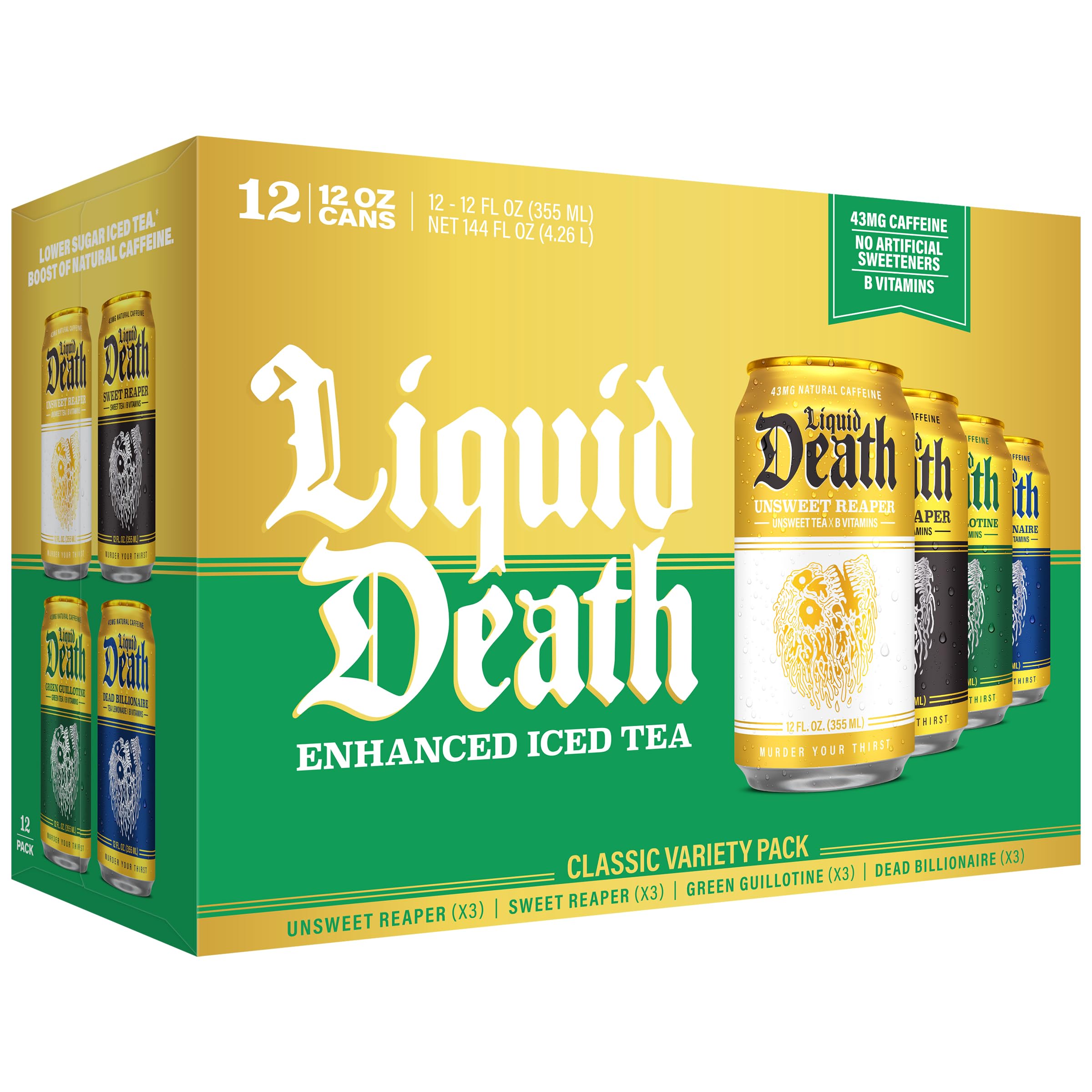 Liquid Death lata frontal mostrando diseño y beneficios visibles
