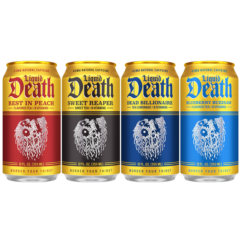 Liquid Death lata detalle de etiqueta y contenido nutricional visible