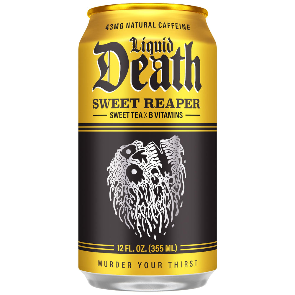 Liquid Death detalle de textura de la lata y acabado metálico, sensación premium