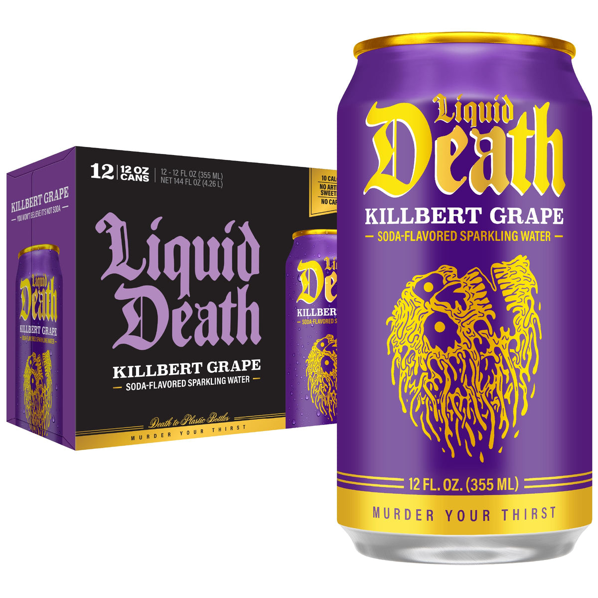 Liquid Death lata frente mostrando diseño y sabor intenso a uva