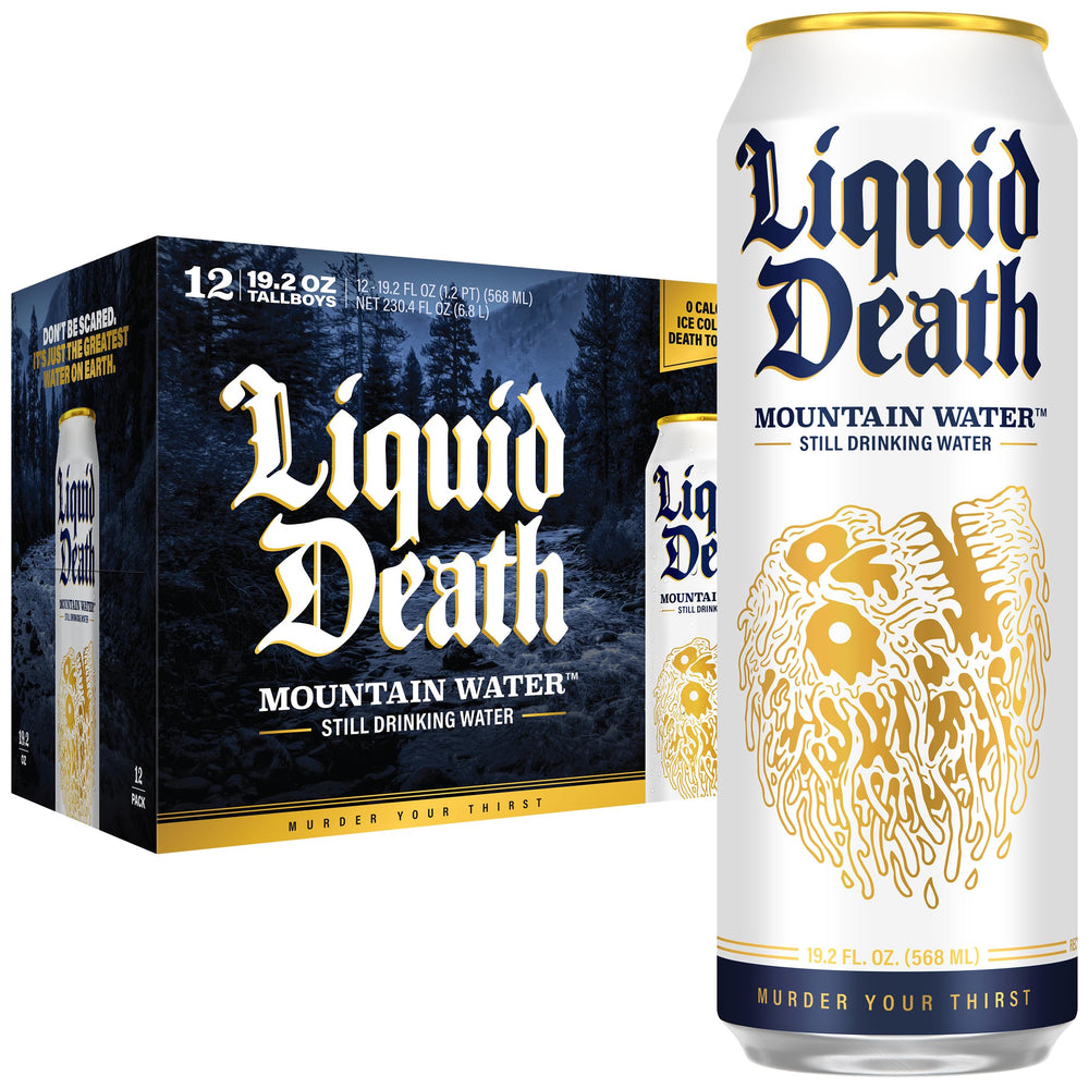 Liquid Death lata frontal mostrando el diseño y conservación fría
