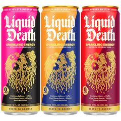 Detalle de la textura de la lata Liquid Death con acabado metálico y legibilidad clara