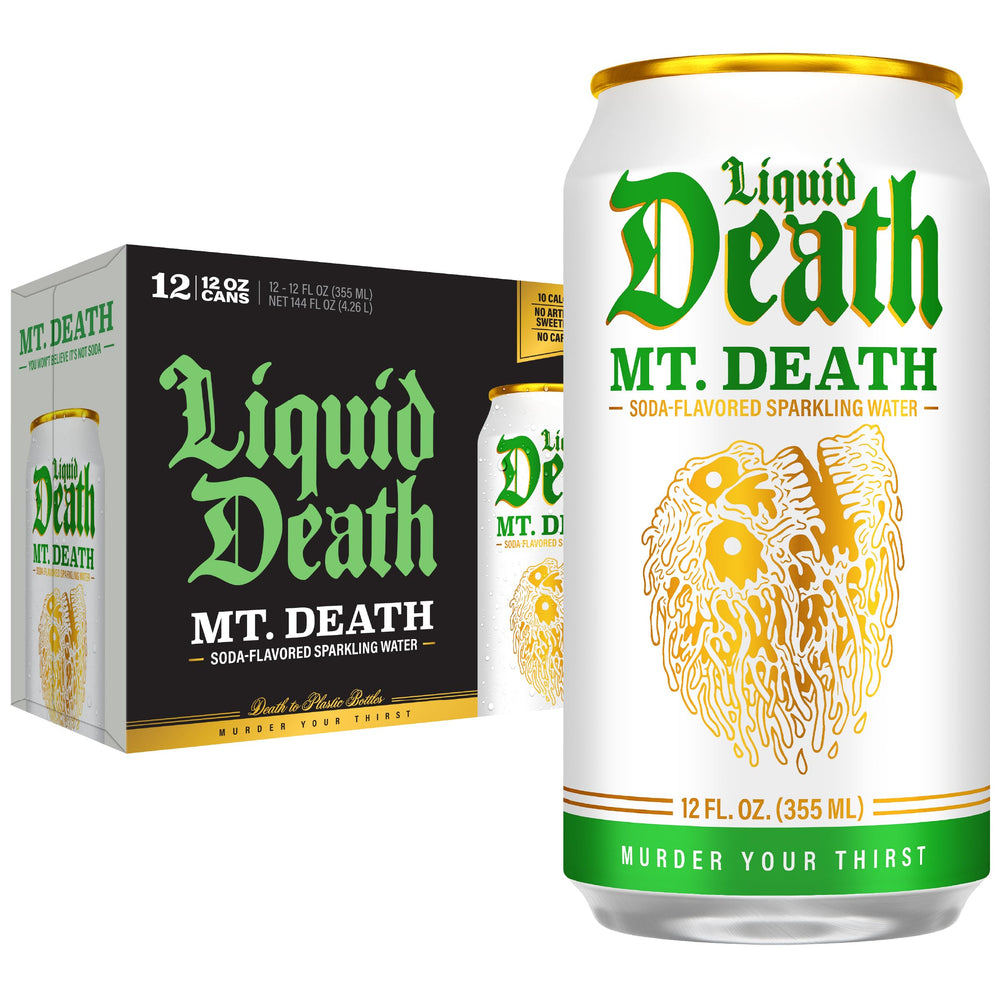 Liquid Death lata fronta mostrando el pack de 12 y atractivo visual