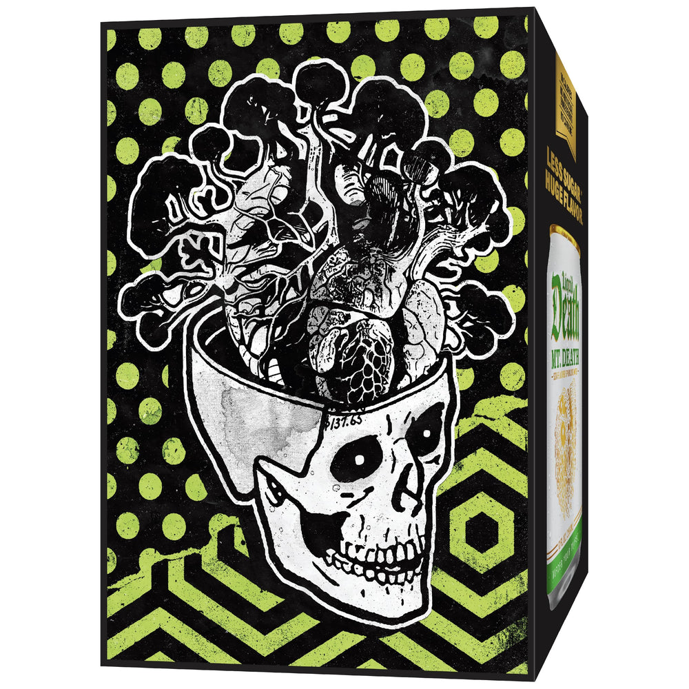 Liquid Death latas en una mesa de fiesta resaltando reciclabilidad y conveniencia