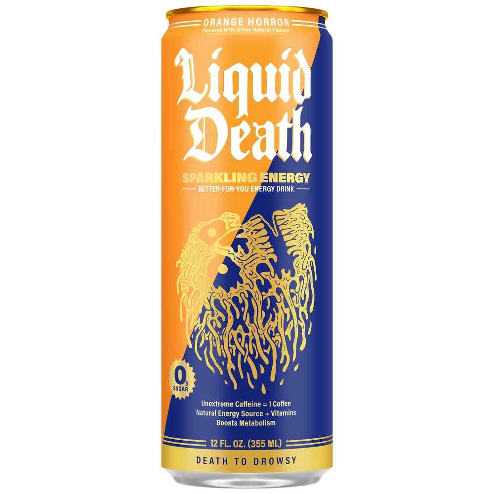 Liquid Death can close-up design highlighting logo and flavor text for clear product recognition