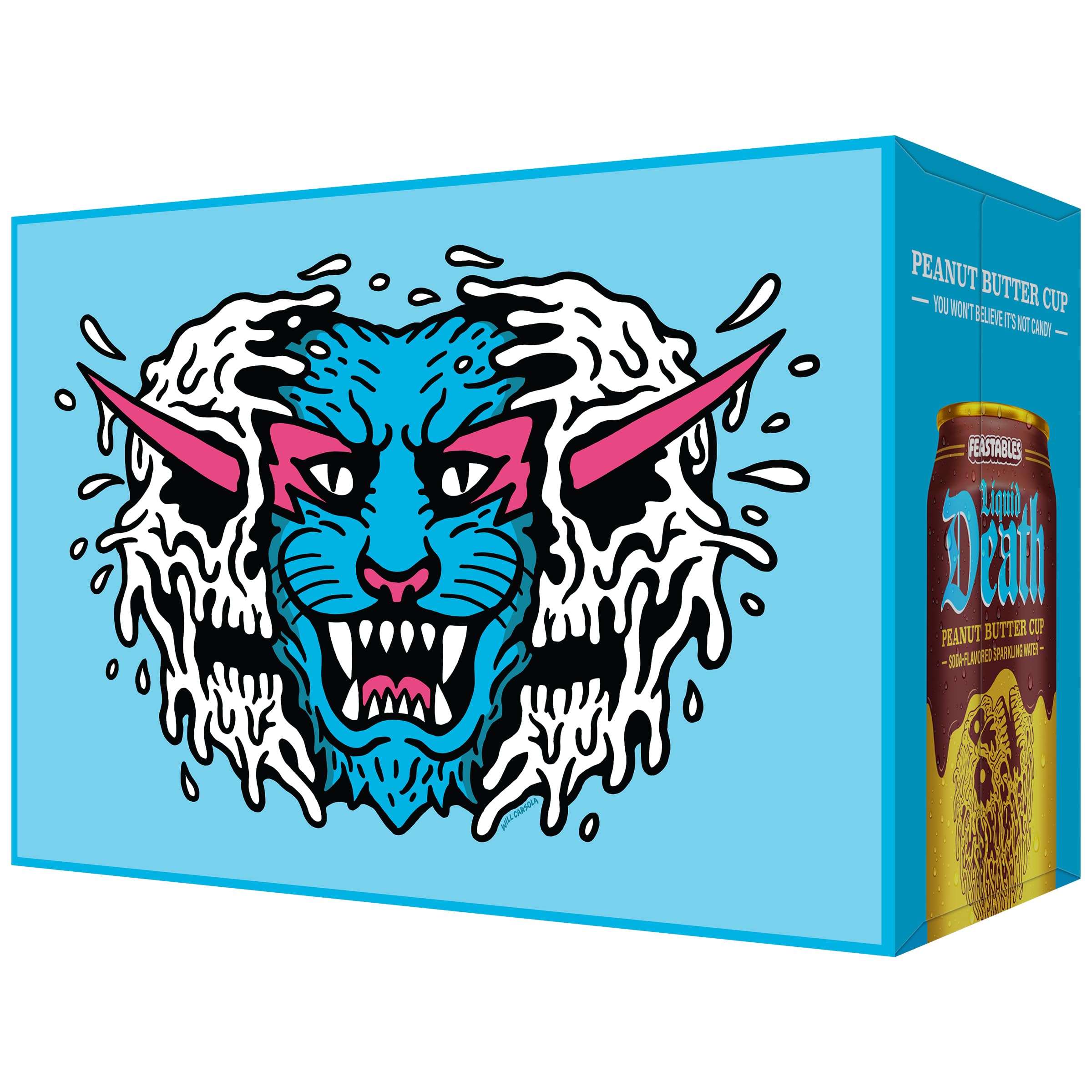 Liquid Death pack de 12 latas en mesa indicando envase reciclable