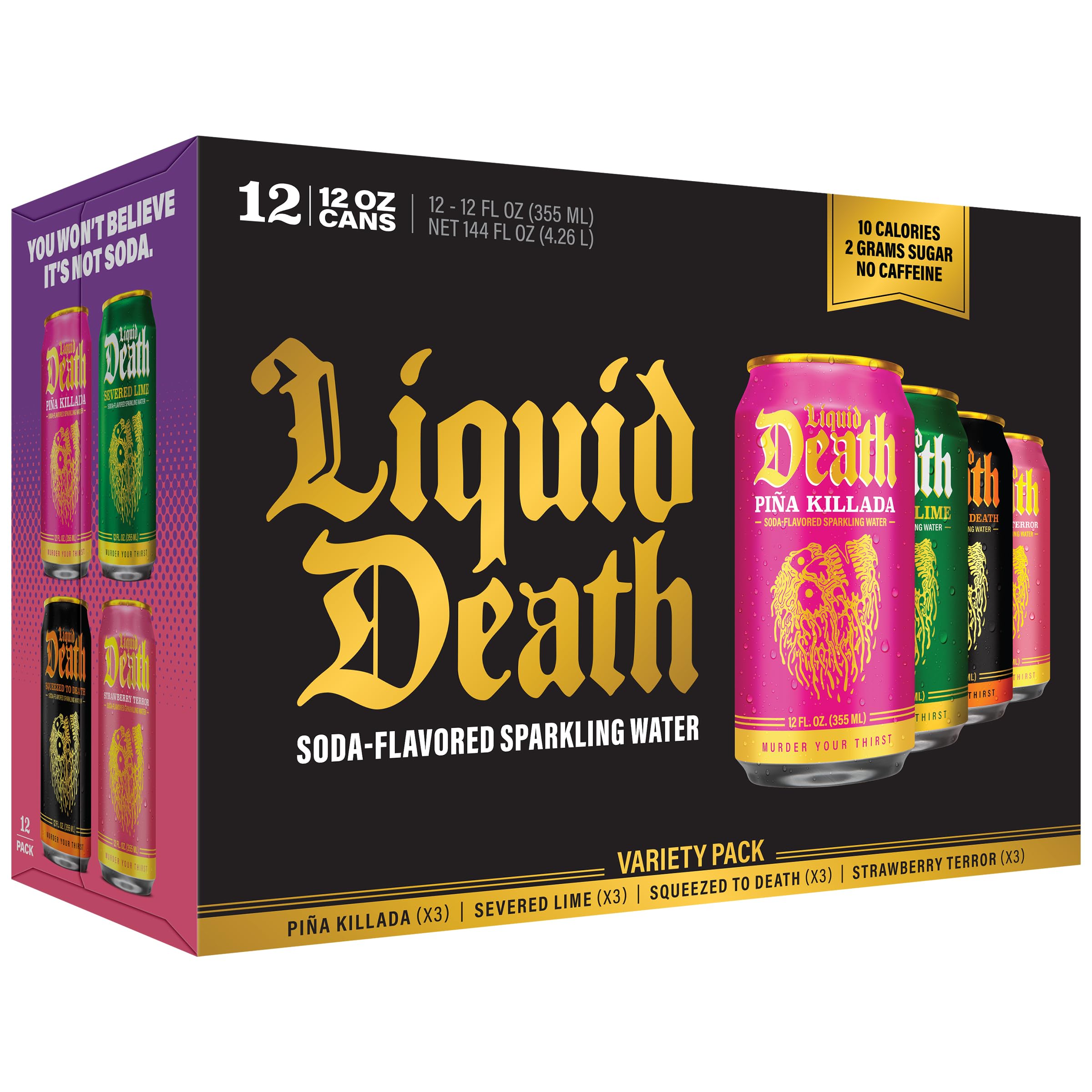 Liquid Death pack frontal mostrando las cuatro latas y el diseño impactante