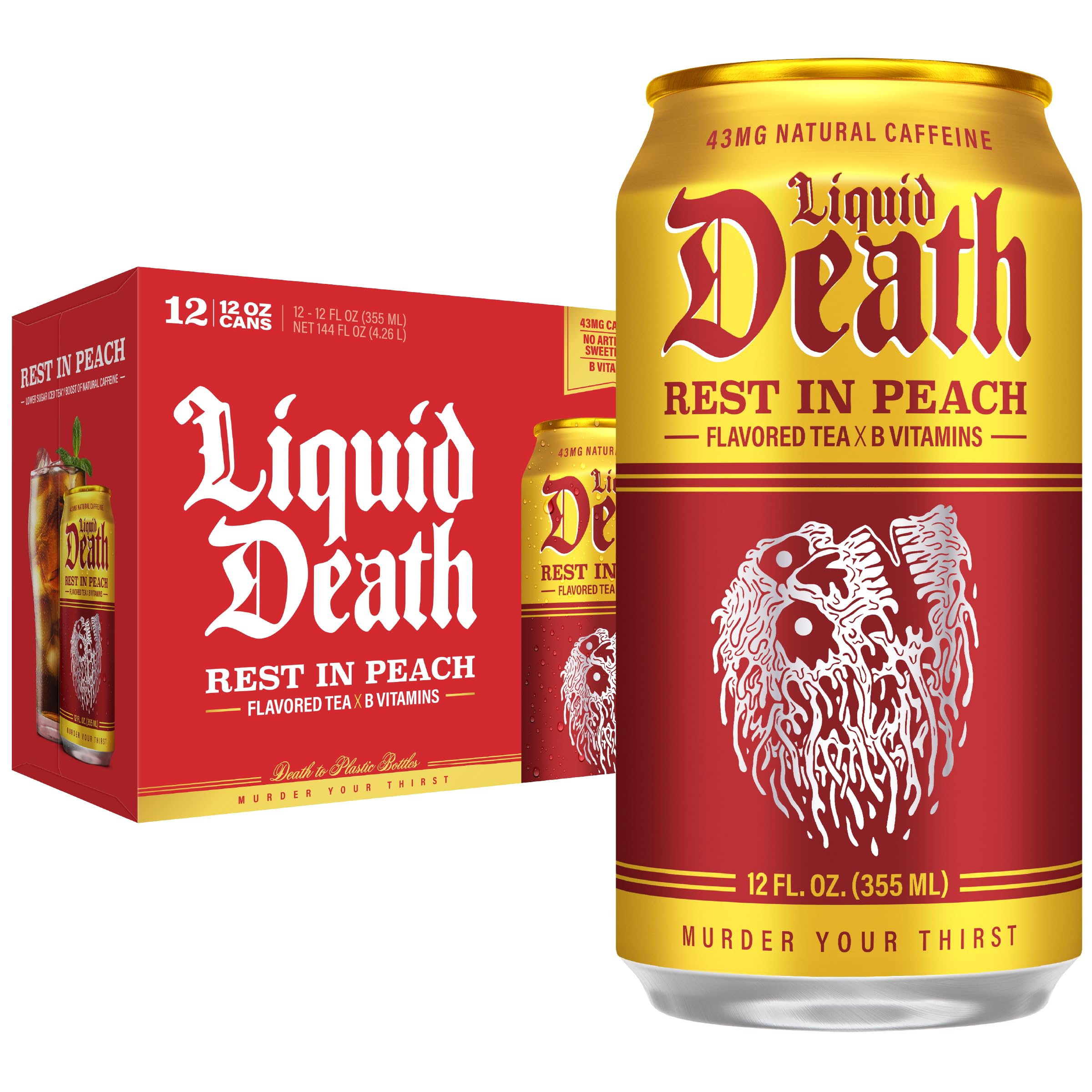 Liquid Death lata frente mostrando diseño y sabor durazno, aspecto refrescante