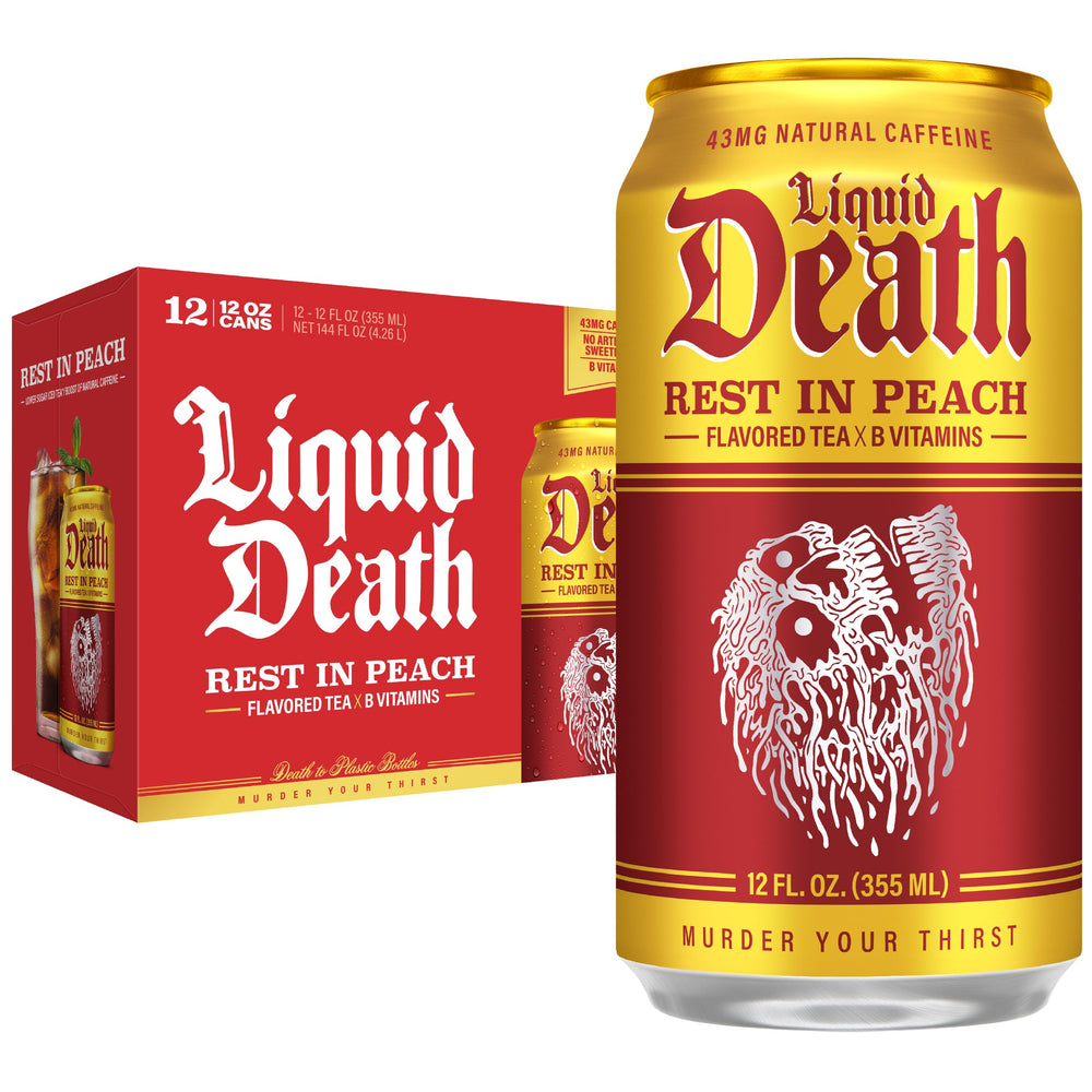 Liquid Death lata frente mostrando diseño y sabor durazno, aspecto refrescante