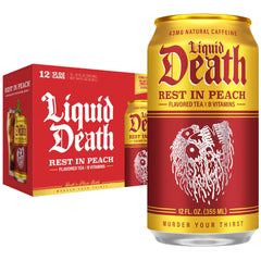 Liquid Death lata frente mostrando diseño y sabor durazno, aspecto refrescante
