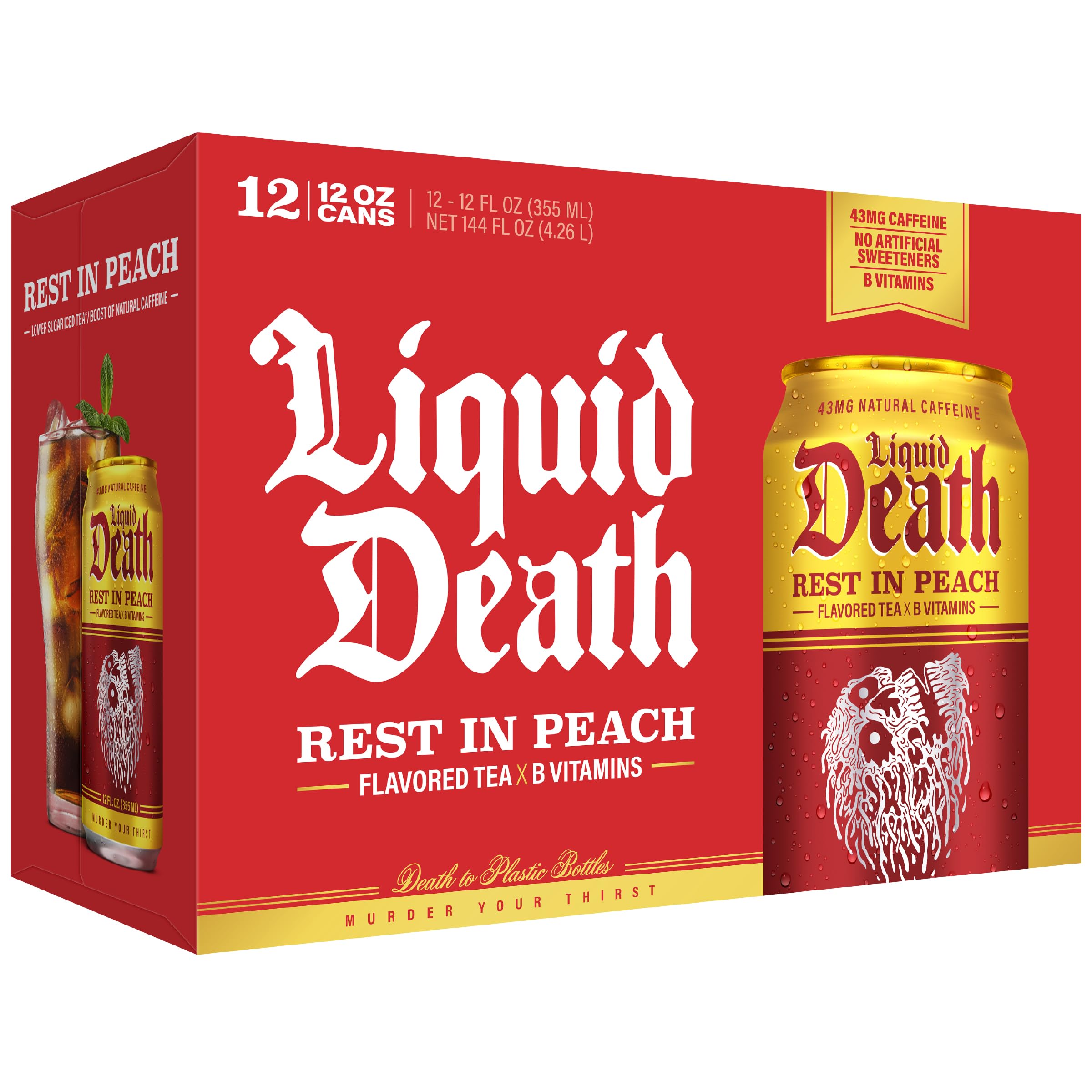 Liquid Death caja de 12 latas apiladas, muestra empaque para almacenamiento