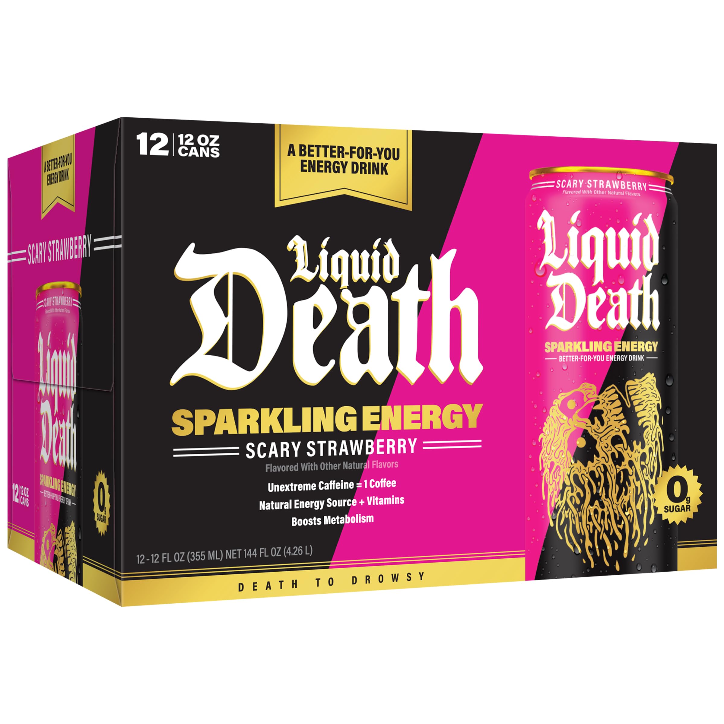 Label close-up of Liquid Death listing vitamins and L-theanine for balanced alertness