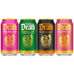 Close-up de burbujas y textura en lata Liquid Death que resalta la efervescencia