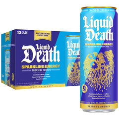Liquid Death front can view showing Tropical Terror piña colada branding and bright design