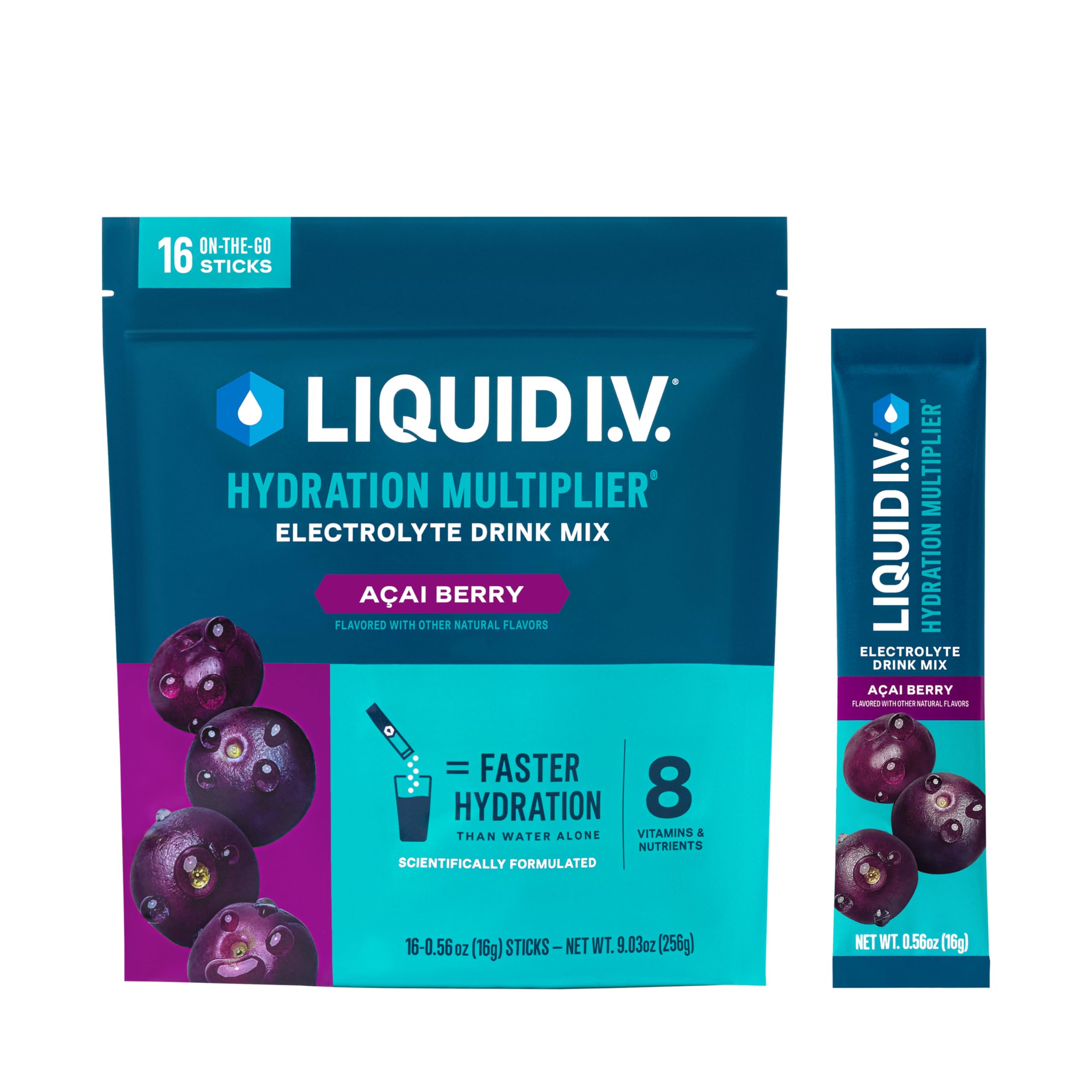 Liquid I.V. frente del empaque mostrando 16 sobres y diseño de marca, conveniencia portátil