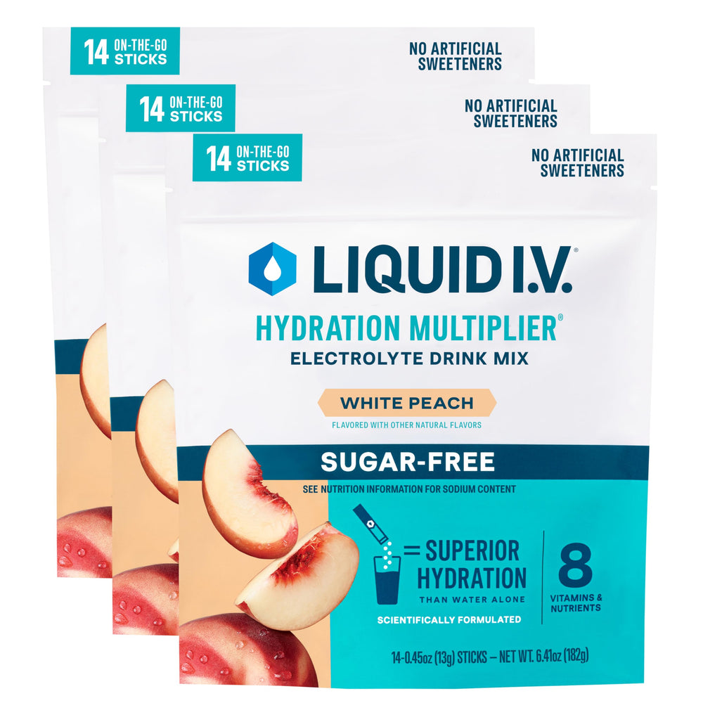 Liquid I.V. caja de 42 sobres White Peach mostrando empaque y ventaja de conveniencia