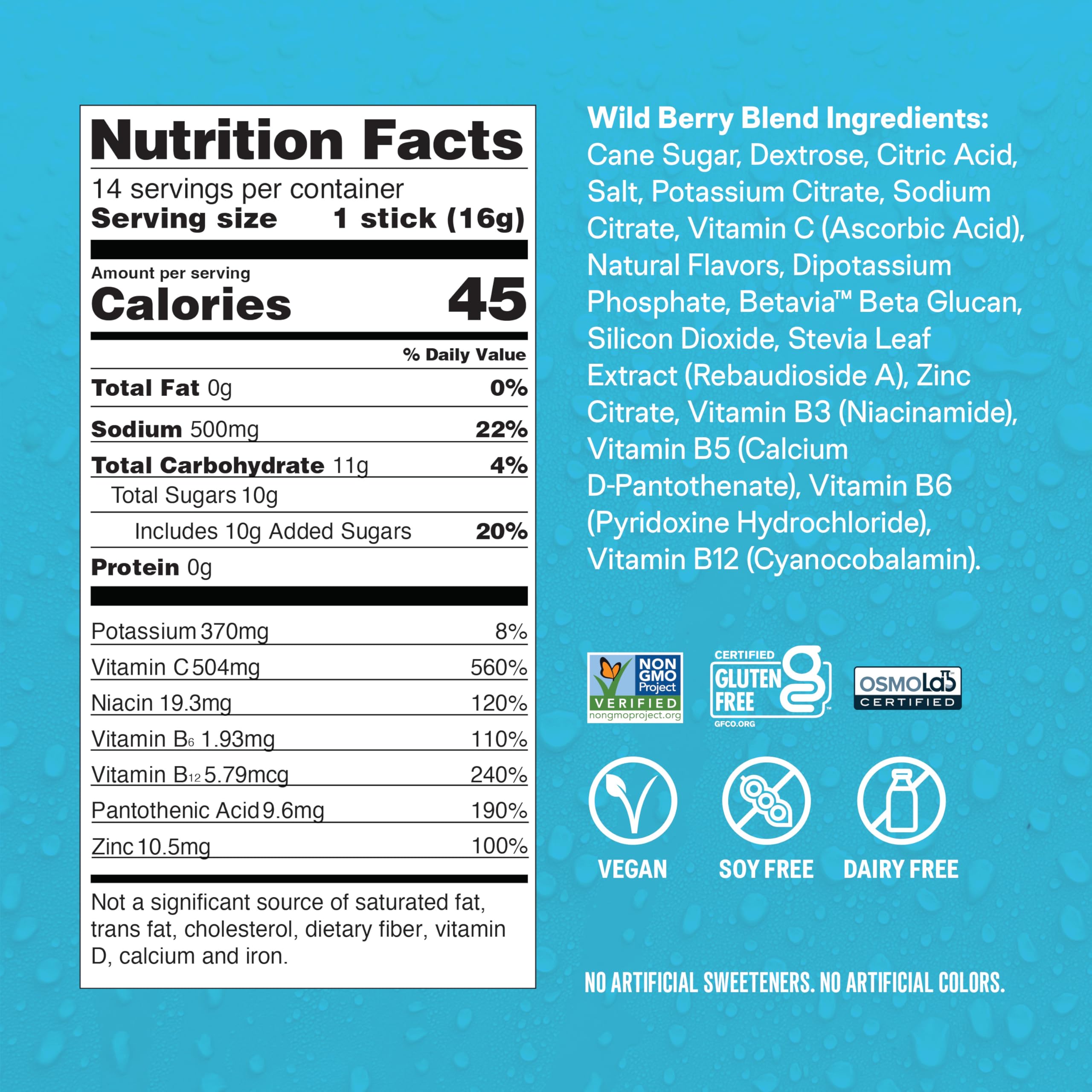 Liquid I.V. etiqueta con lista de ingredientes y nutrición para transparencia