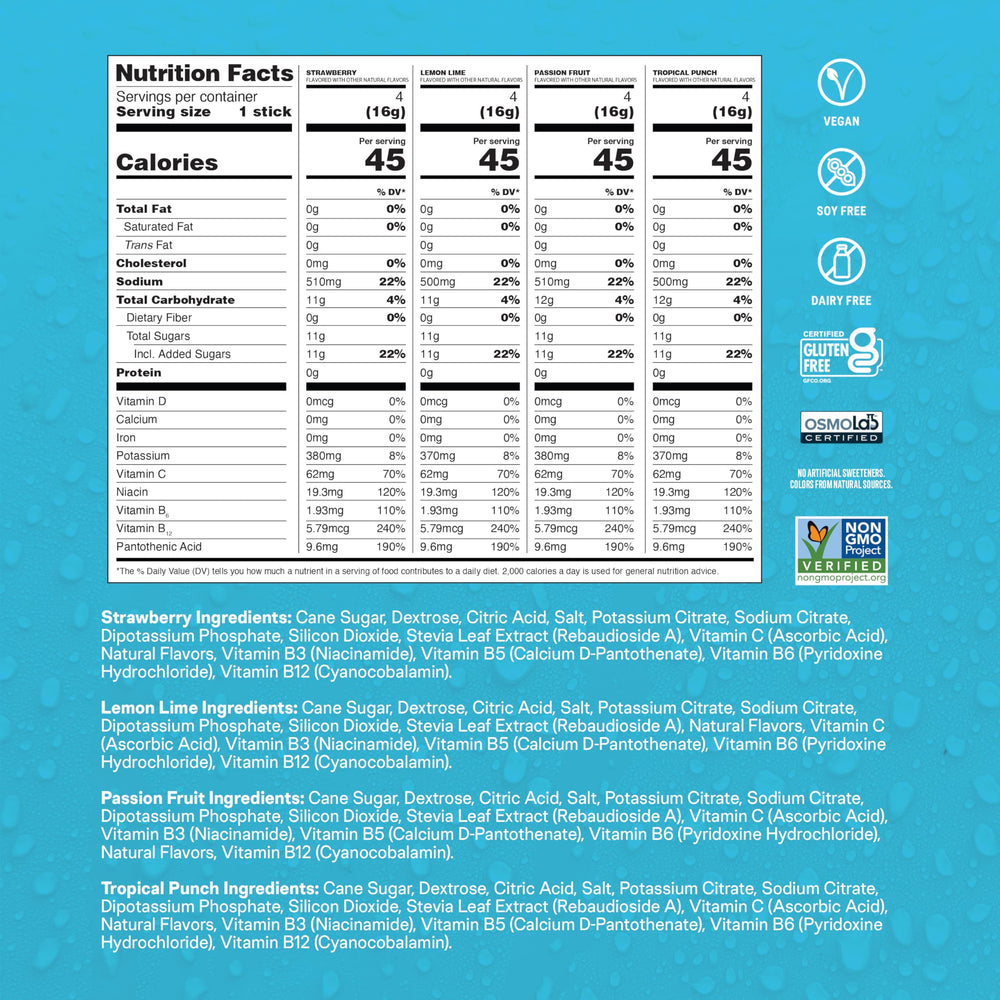 Liquid I.V. etiqueta nutricional mostrando vitaminas y electrolitos clave
