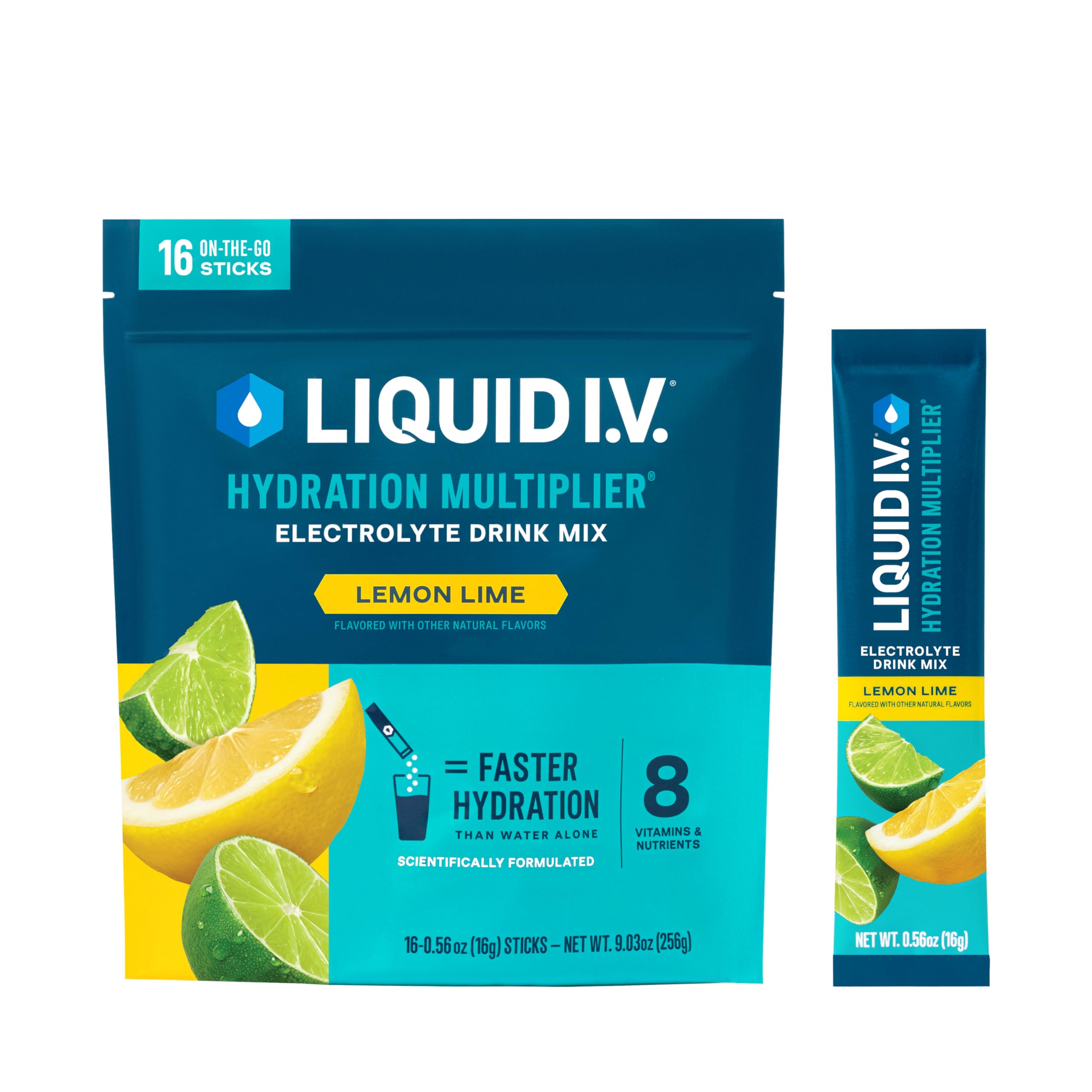 Liquid I.V. frente del empaque mostrando 16 sobres y beneficio de hidratación rápida