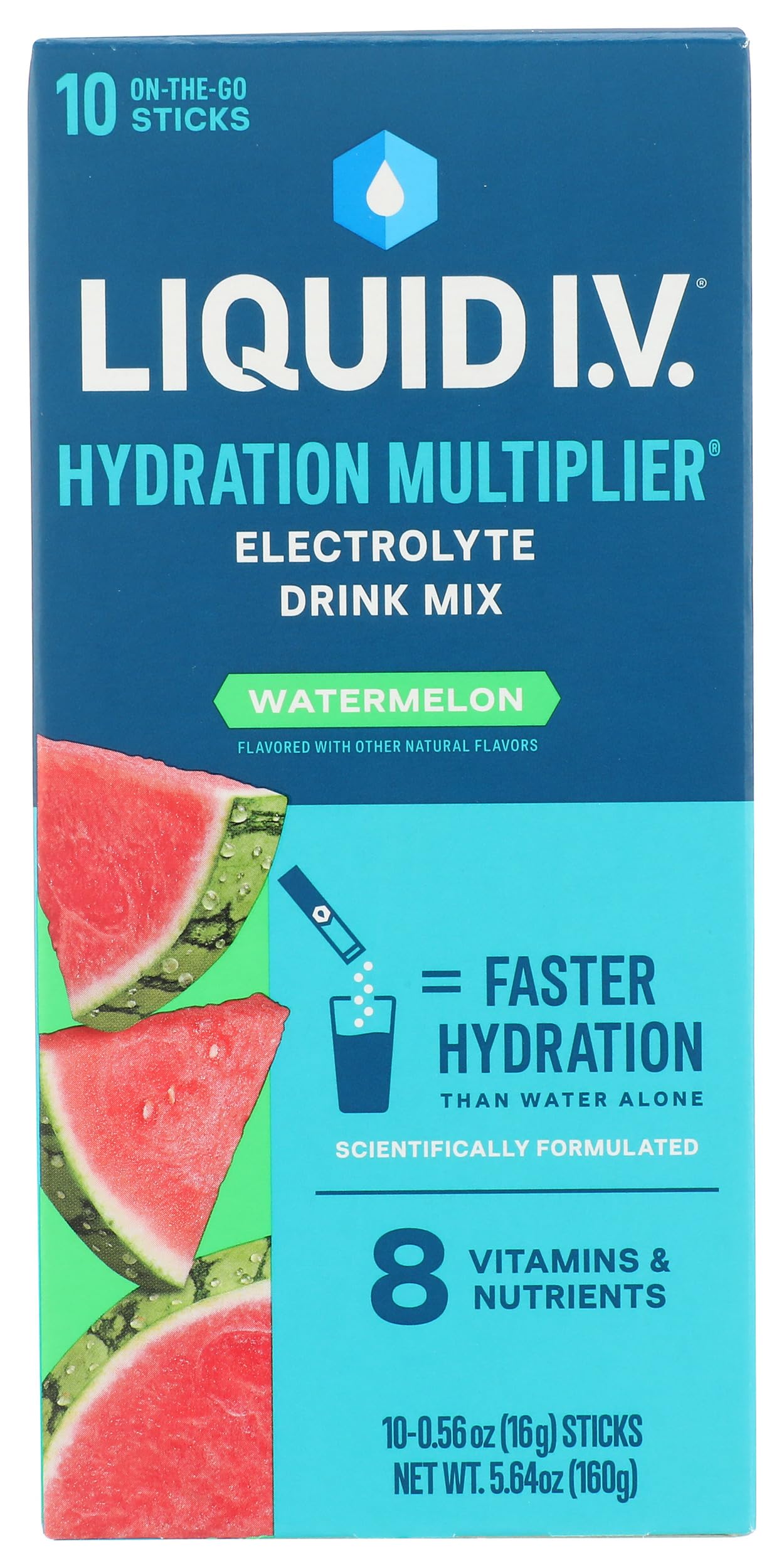 Liquid I.V. frente del empaque Watermelon mostrando cantidad y sabor