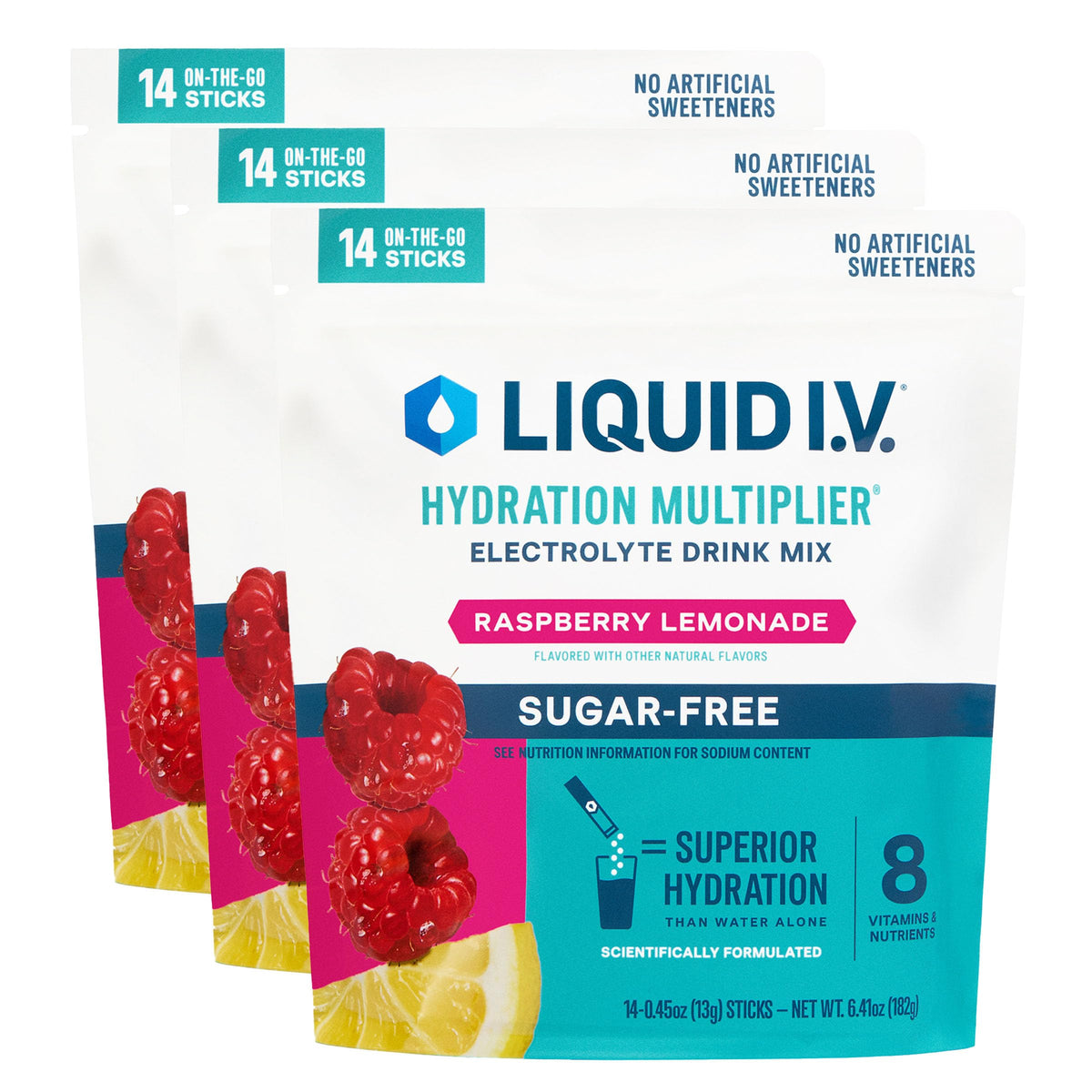 Liquid I.V. frente del paquete mostrando 42 sobres y diseño llamativo para conveniencia