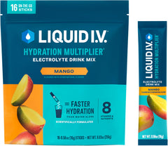 Liquid I.V. frente del empaque mango mostrando la caja y beneficio de hidratación rápida