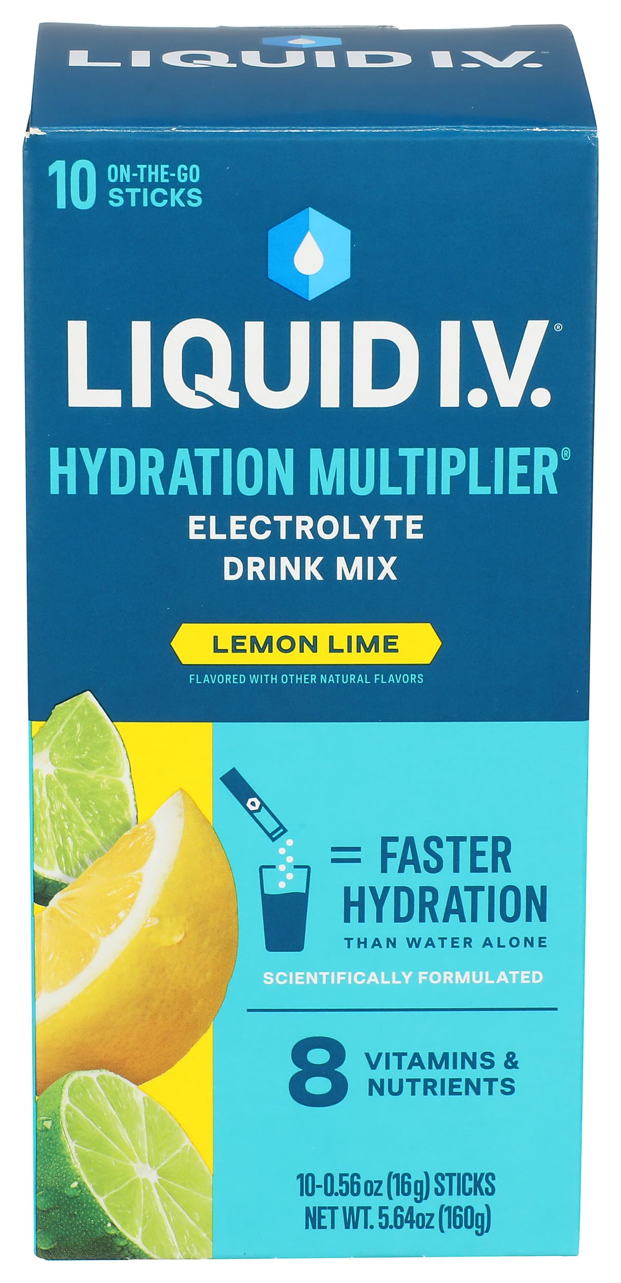Liquid I.V. frente del envase lemon lime mostrando diseño y cantidad