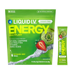 Liquid I.V. empaque frontal mostrando 14 sobres y sabor Fresa Kiwi beneficios claros