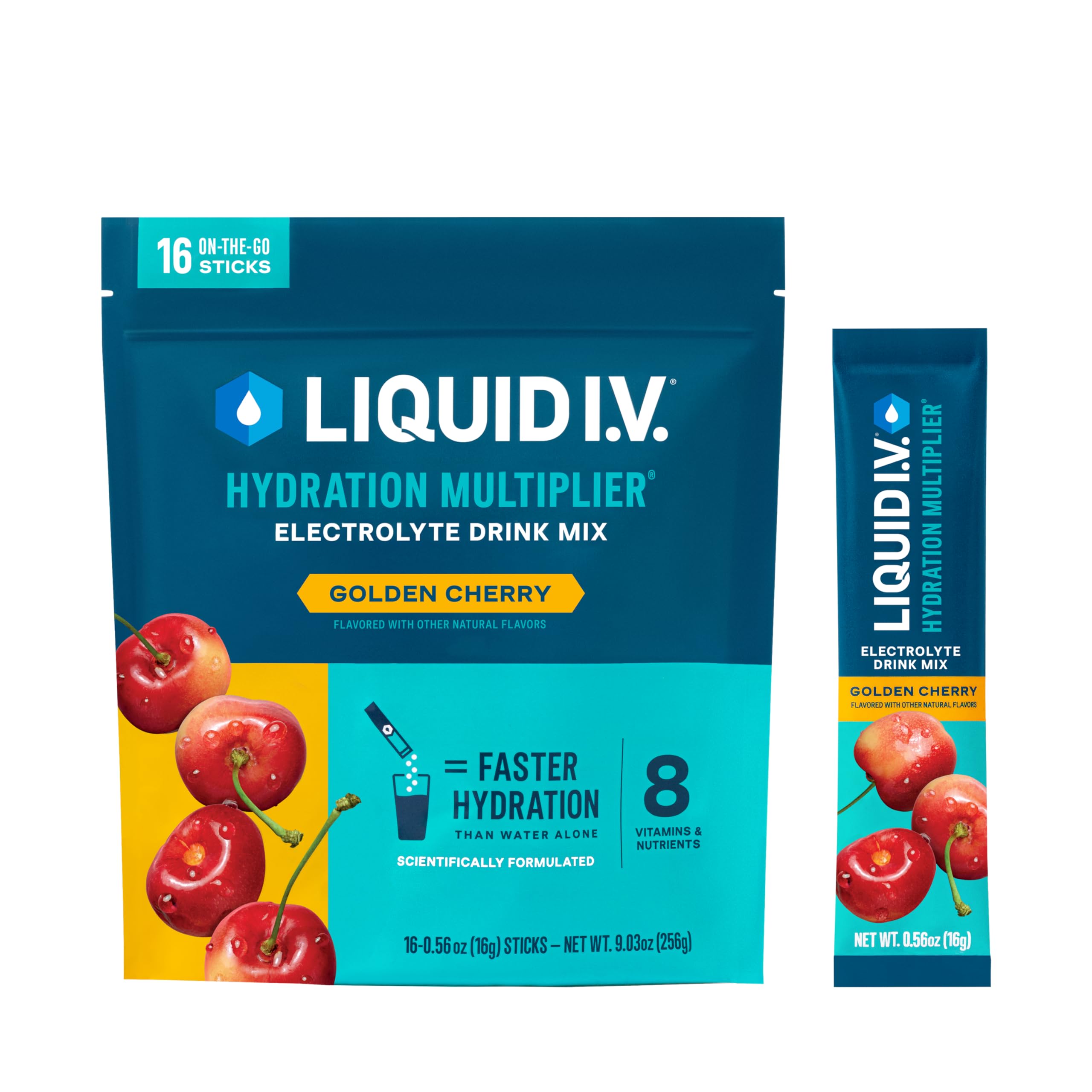 Liquid I.V. front packet showing Golden Cherry flavor and quick hydration benefits