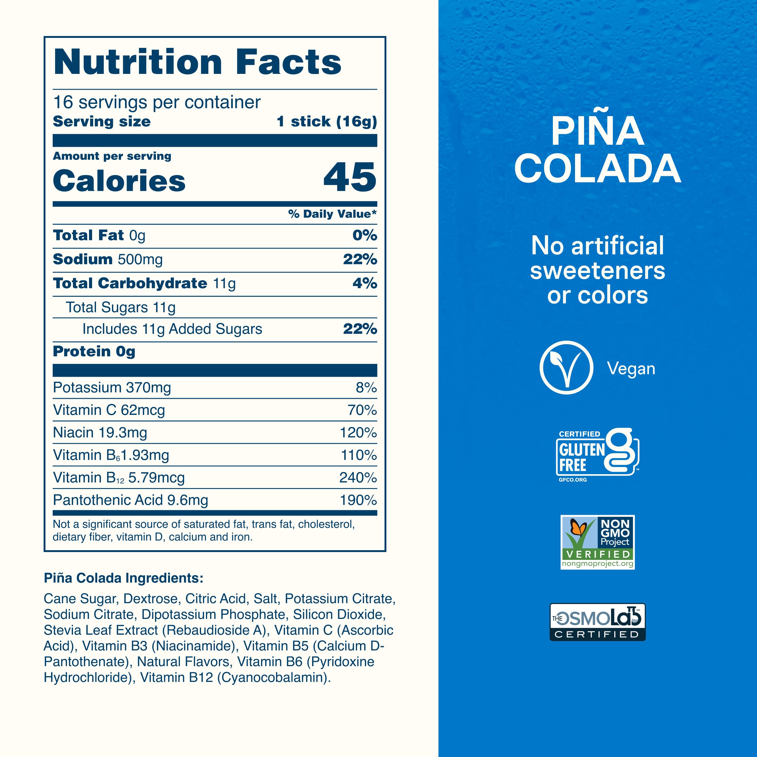 Nutrition label close-up on Liquid I.V. box highlighting vitamins and electrolyte facts