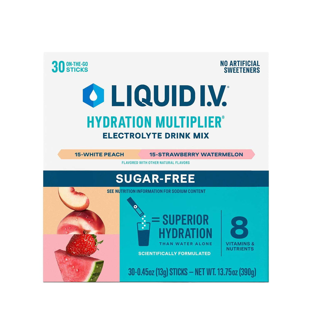 Liquid I.V. empaque frontal mostrando 30 sobres y beneficios de hidratación