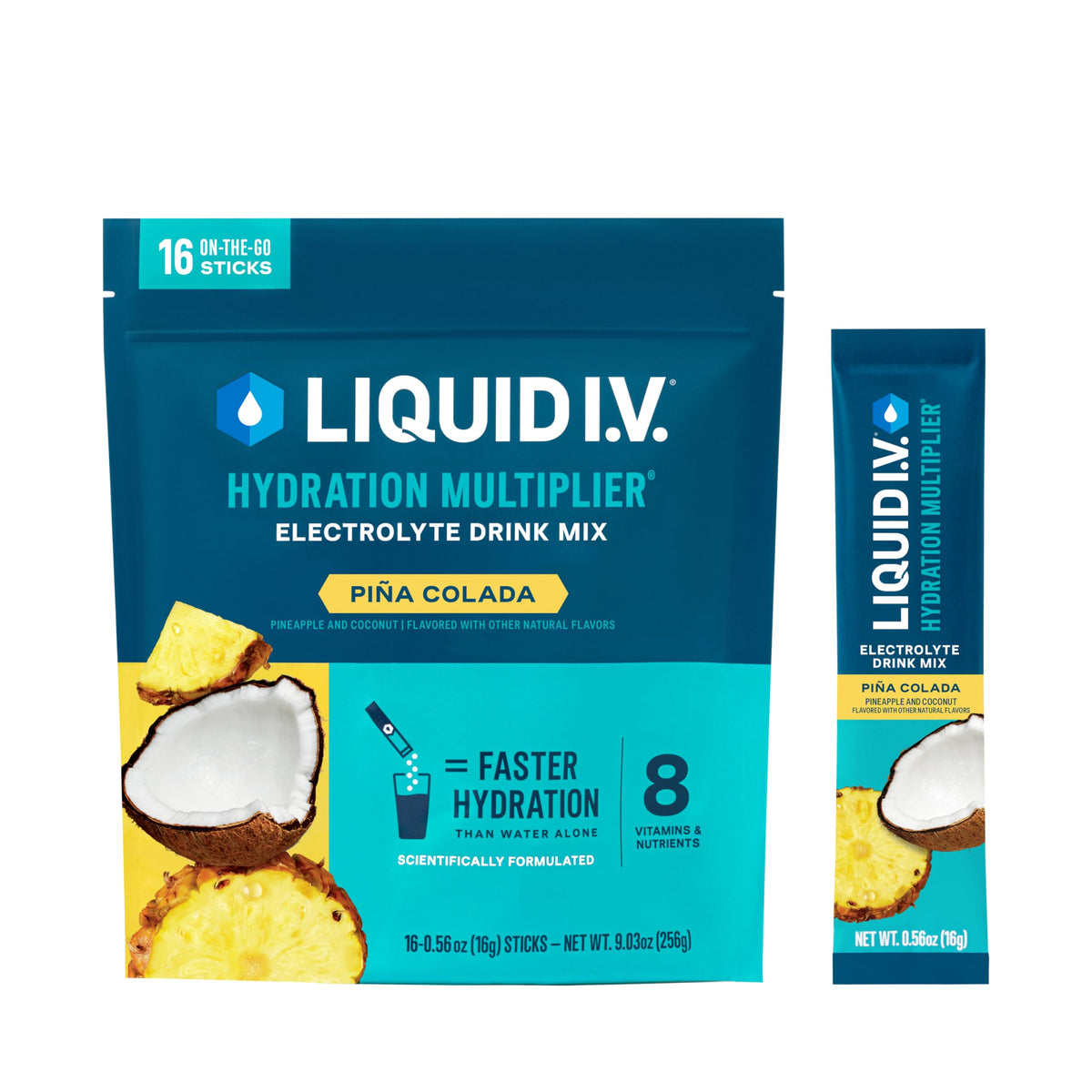 Liquid I.V. front box showing 16-count packets and tropical branding for easy hydration