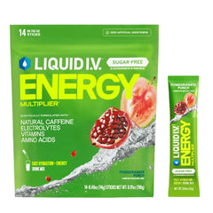 Liquid I.V. frente del embalaje Pomegranate Punch mostrando 14 sobres y conveniencia