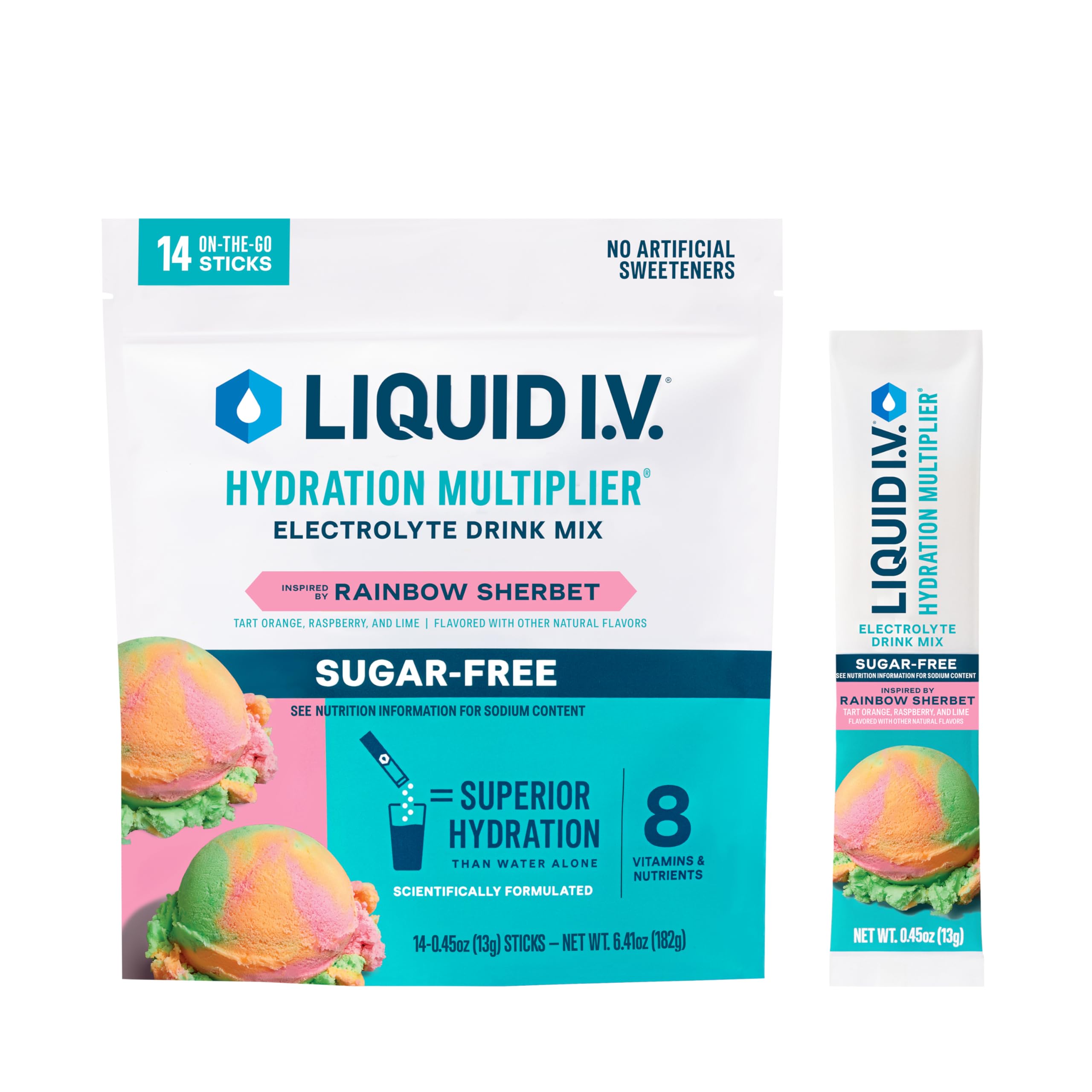 Liquid I.V. empaque frontal mostrando sabor Rainbow Sherbet y beneficios