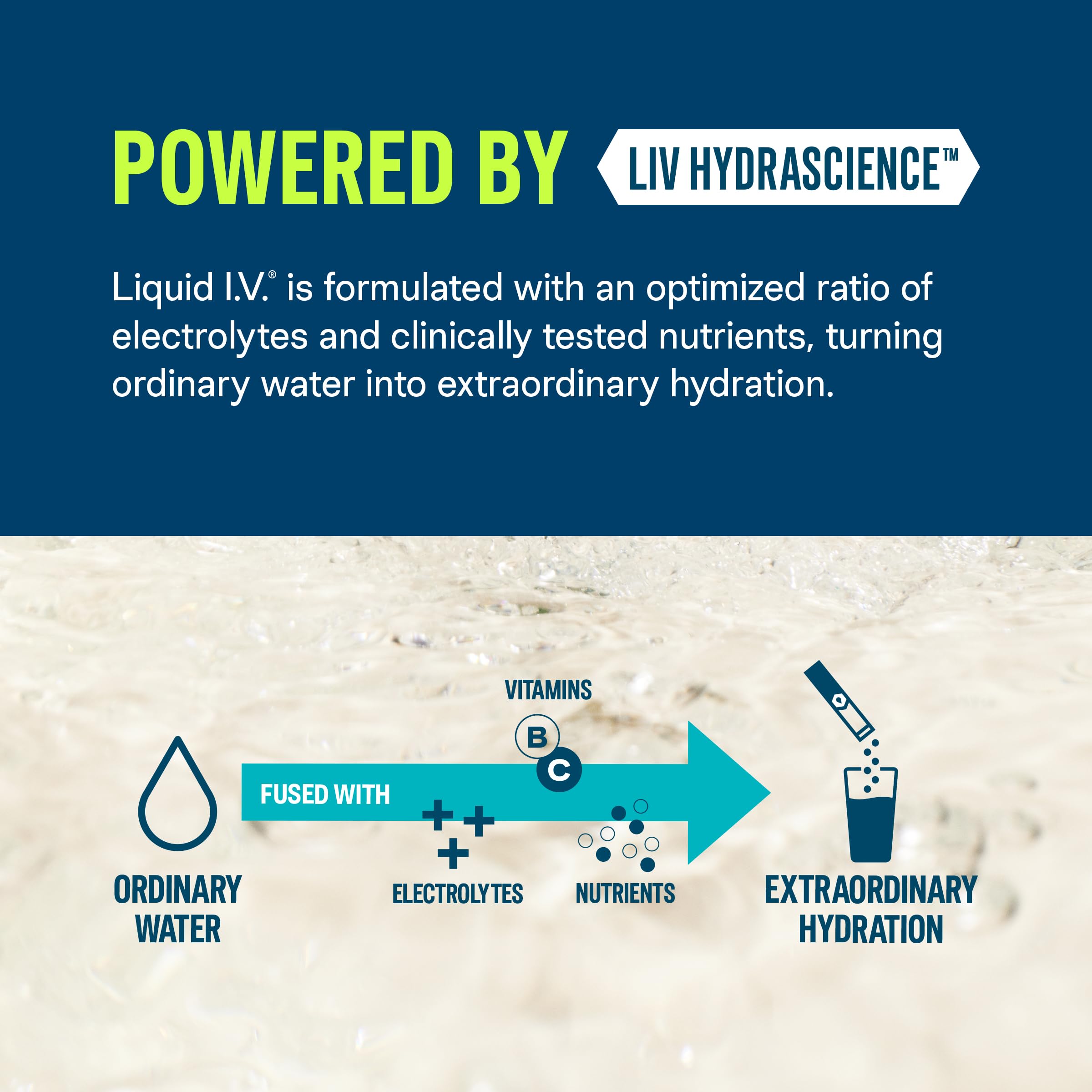 Liquid I.V. primer plano polvo del sobre que muestra textura y fácil disolución