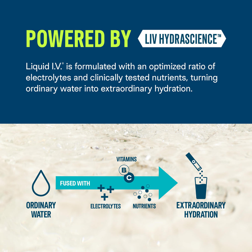 Liquid I.V. primer plano polvo del sobre que muestra textura y fácil disolución