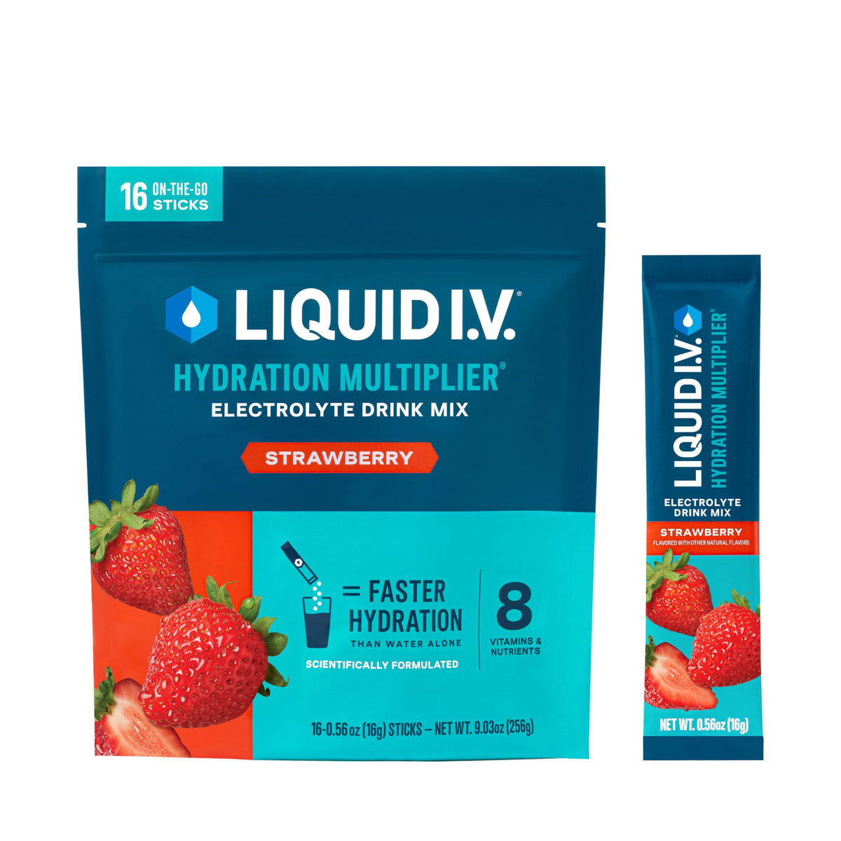 Liquid I.V. front packaging showing 16-count box and bright strawberry benefit