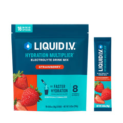 Liquid I.V. front packaging showing 16-count box and bright strawberry benefit